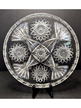 Antique American Brilliant Period Cut Glass Tray W/ Hobstar & Fan Motifs 9.75"